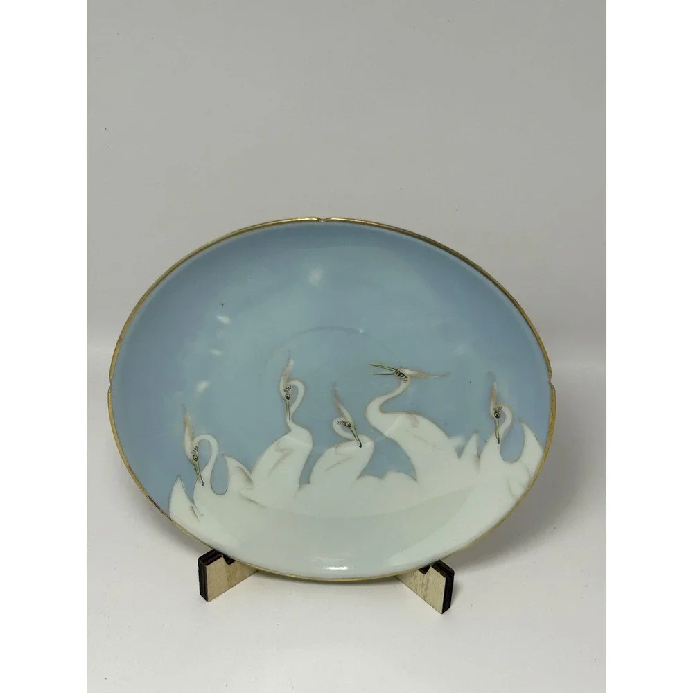 Mitsu-Boshi Japan Porcelain Saucer Blue White Egrets Herons‎ Gold Trim Set of 4